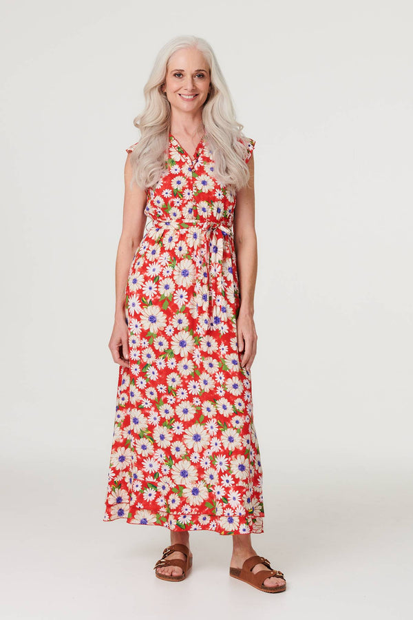 Red | Daisy Print Frilled Sleeve Dress