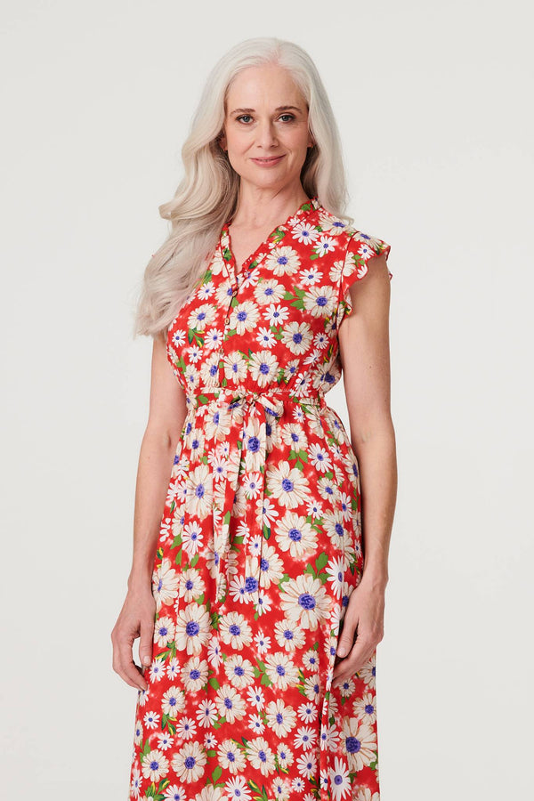 Red | Daisy Print Frilled Sleeve DressRed | Daisy Print Frilled Sleeve Dress