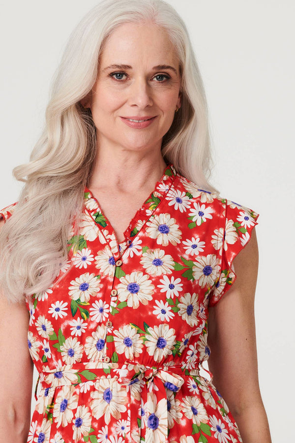 Red | Daisy Print Frilled Sleeve Dress