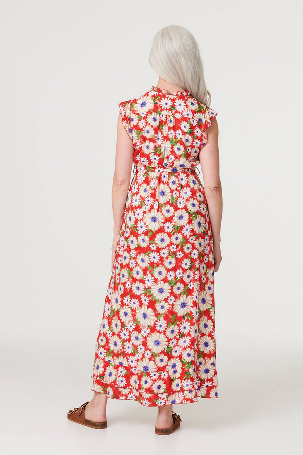 Red | Daisy Print Frilled Sleeve Dress