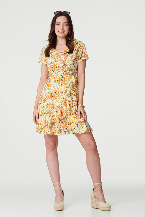 Yellow | Floral Print Ruffle Wrap Dress