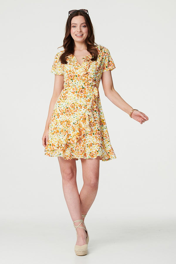 Yellow | Floral Print Ruffle Wrap Dress