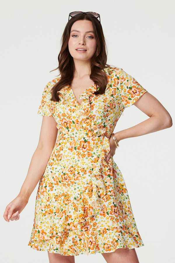 Yellow | Floral Print Ruffle Wrap Dress