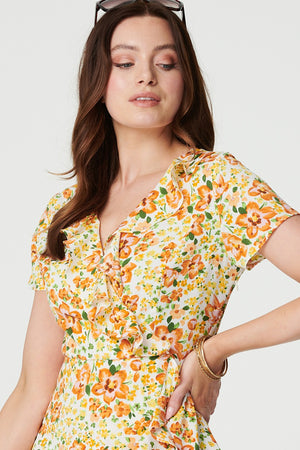 Yellow | Floral Print Ruffle Wrap Dress