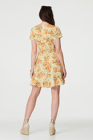 Yellow | Floral Print Ruffle Wrap Dress