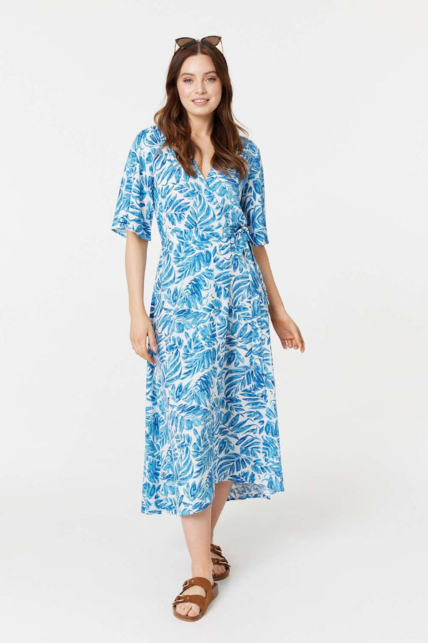 Blue | Leaf Print 1/2 Sleeve Wrap Dress