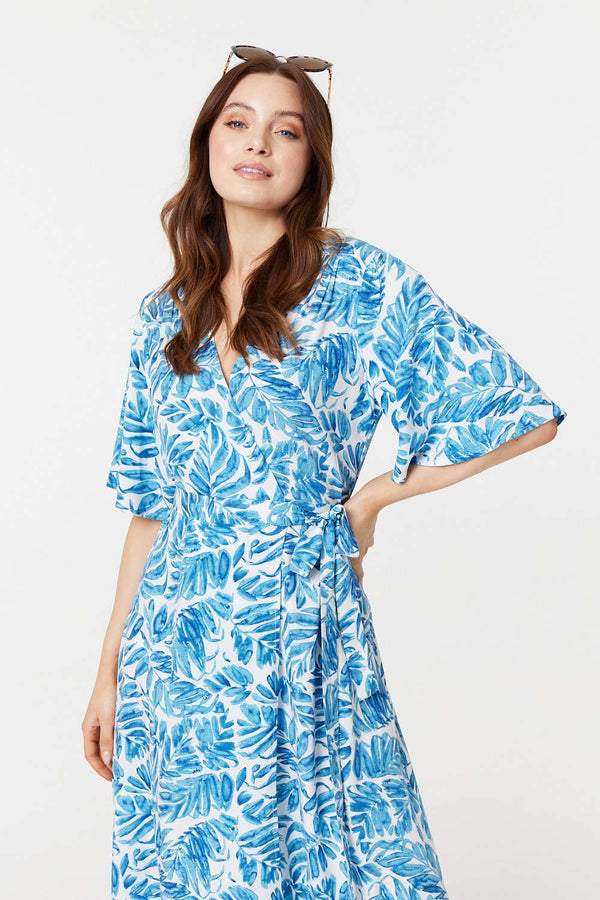 Blue | Leaf Print 1/2 Sleeve Wrap Dress