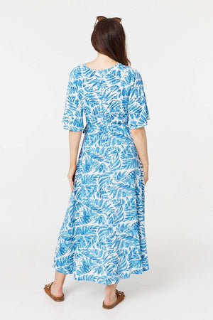 Blue | Leaf Print 1/2 Sleeve Wrap Dress