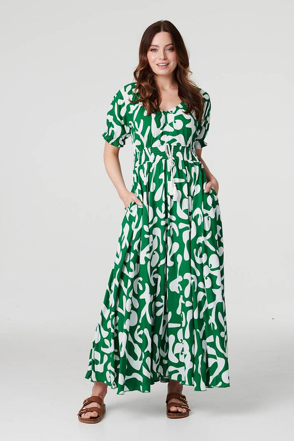 Green | Printed Puff Sleeve Maxi Dress