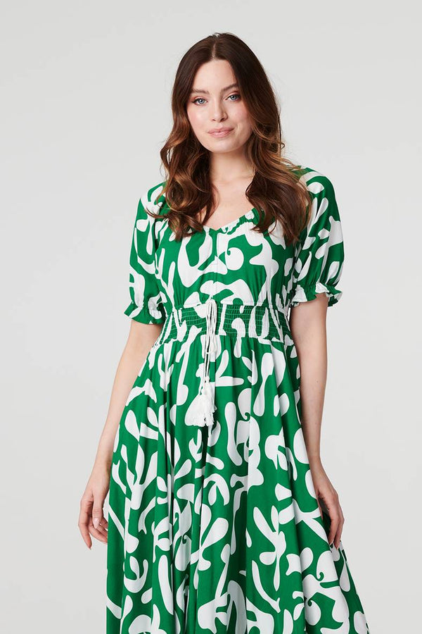 Green | Printed Puff Sleeve Maxi Dress