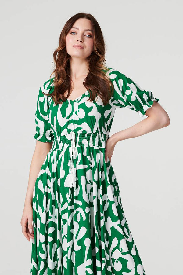 Green | Printed Puff Sleeve Maxi Dress