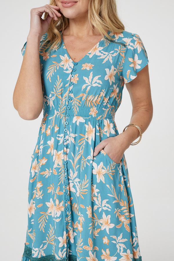 Green | Floral V-Neck Shirred Midi Dress