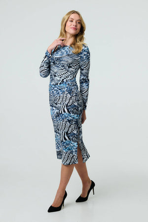 Blue | Animal Print Cut Out Detail Bodycon Midi Dress