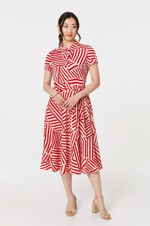 Red | Striped Tie Waist Midi Shirt Dress
