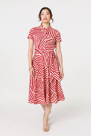 Red | Striped Tie Waist Midi Shirt Dress
