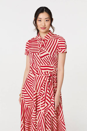 Red | Striped Tie Waist Midi Shirt Dress
