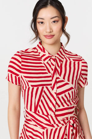 Red | Striped Tie Waist Midi Shirt Dress
