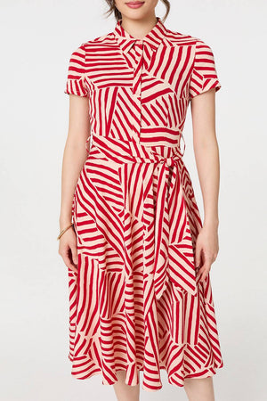 Red | Striped Tie Waist Midi Shirt Dress
