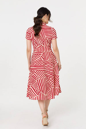 Red | Striped Tie Waist Midi Shirt Dress
