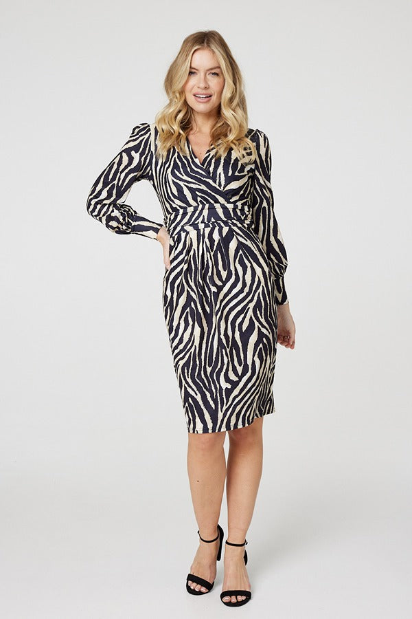 Zebra Print Long Sleeve Wrap Dress Izabel London