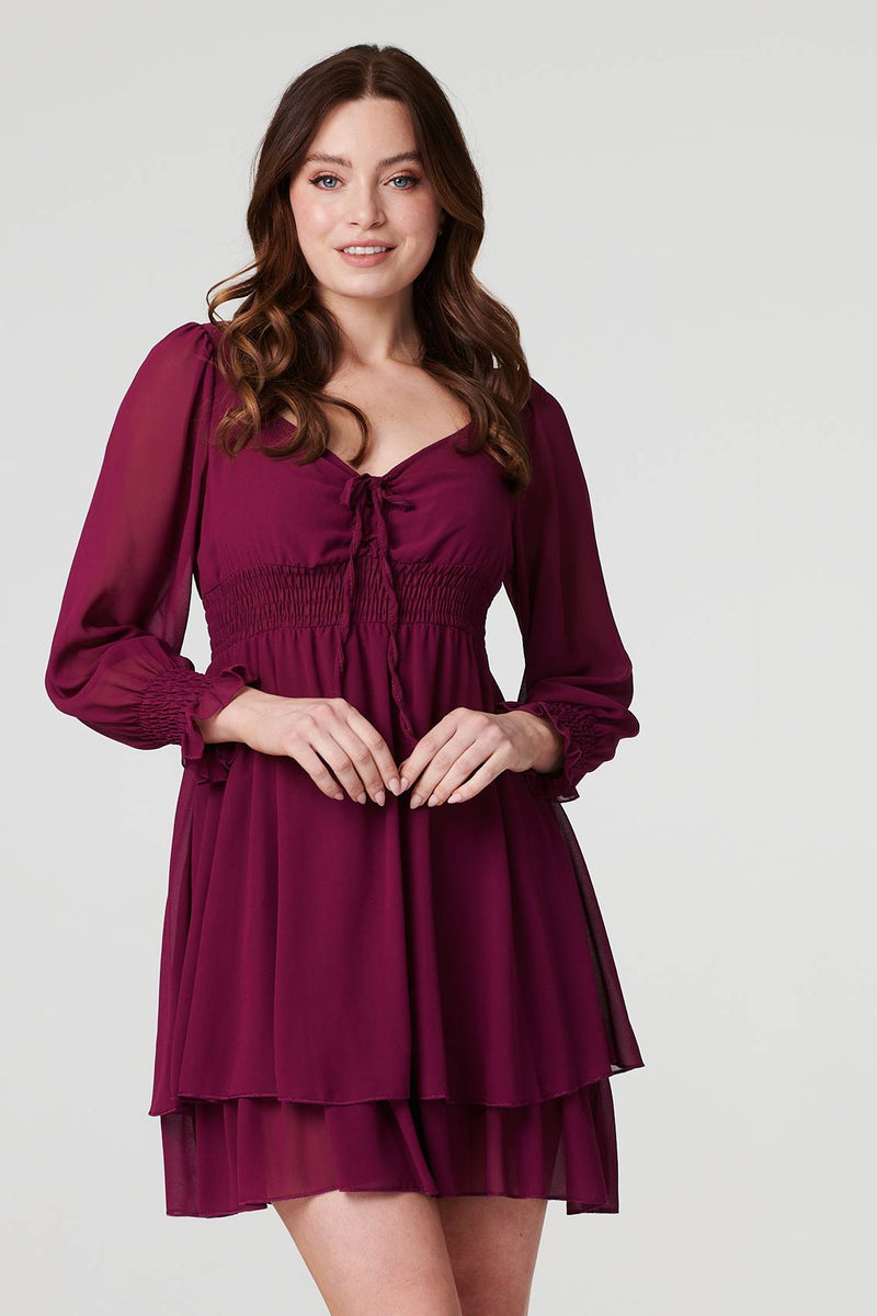 Purple | Semi Sheer Layered Hem Dress : Model is 5'9"/175 cm and wears UK8/EU36/US4/AUS8
