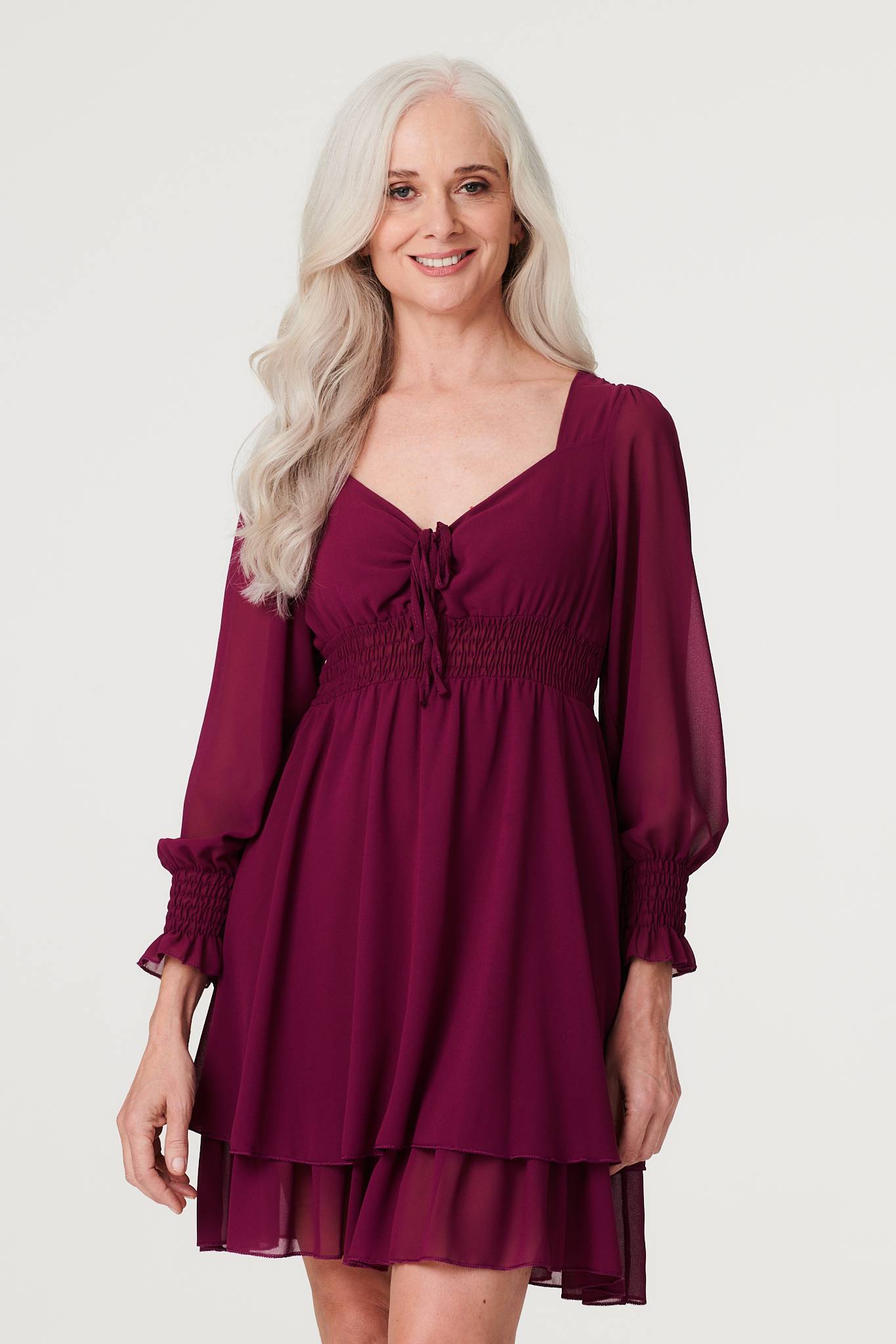 Purple | Semi Sheer Layered Hem Dress : Model is 5'8.5"/174 cm and wears UK8/EU36/US4/AUS8