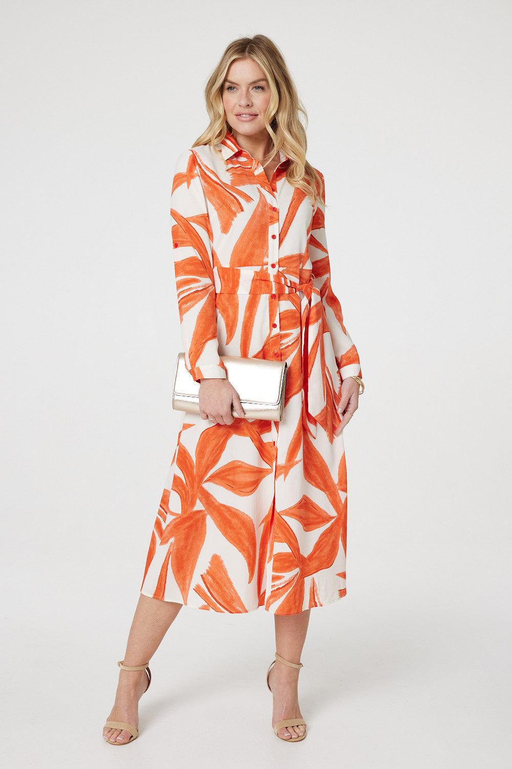 Orange | Printed Long Sleeve Midi Shirt Dress