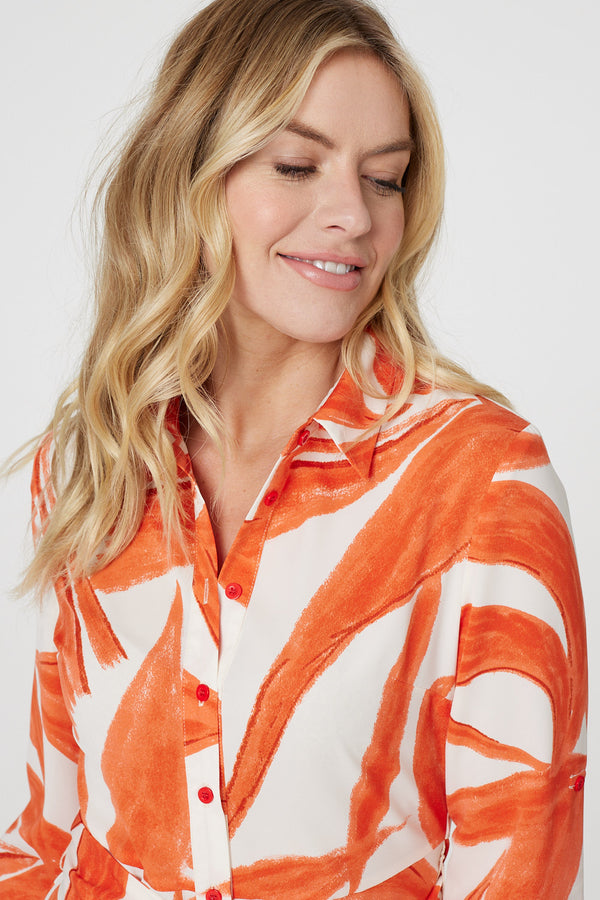 Orange | Printed Long Sleeve Midi Shirt Dress