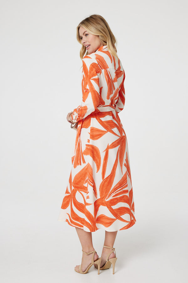 Orange | Printed Long Sleeve Midi Shirt Dress