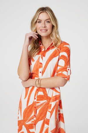 Orange | Printed Long Sleeve Midi Shirt Dress