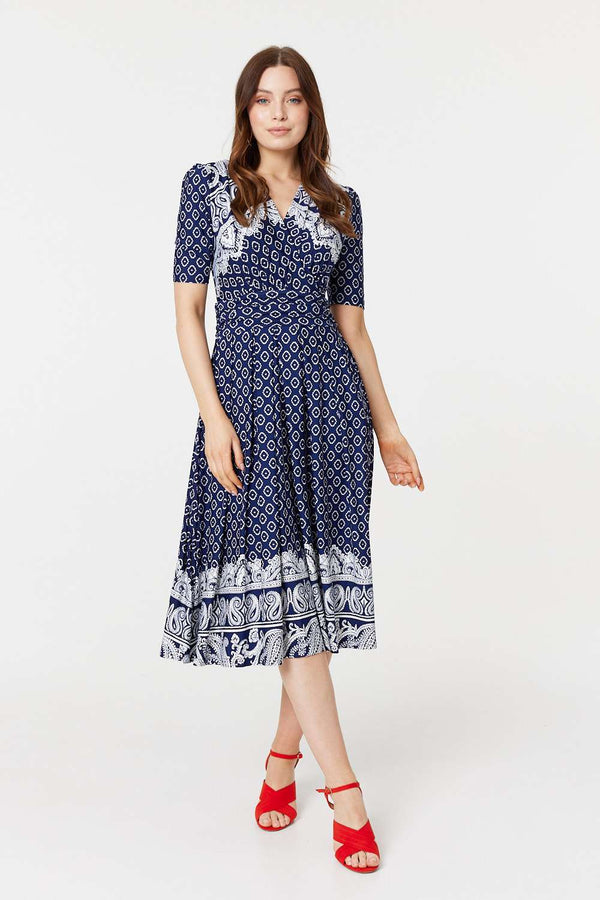 Navy | Printed 1/2 Sleeve Midi Dress