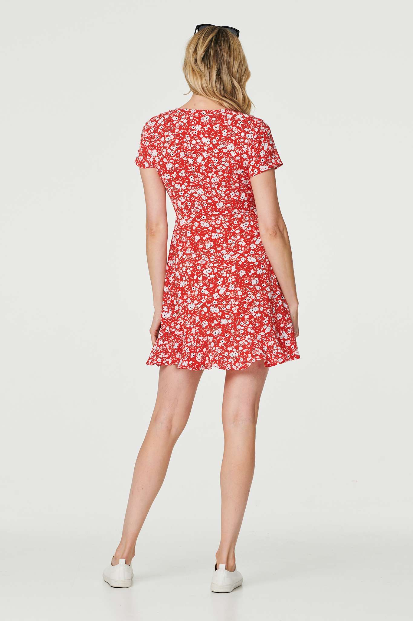 Red | Ditsy Floral Short Faux Wrap Dress