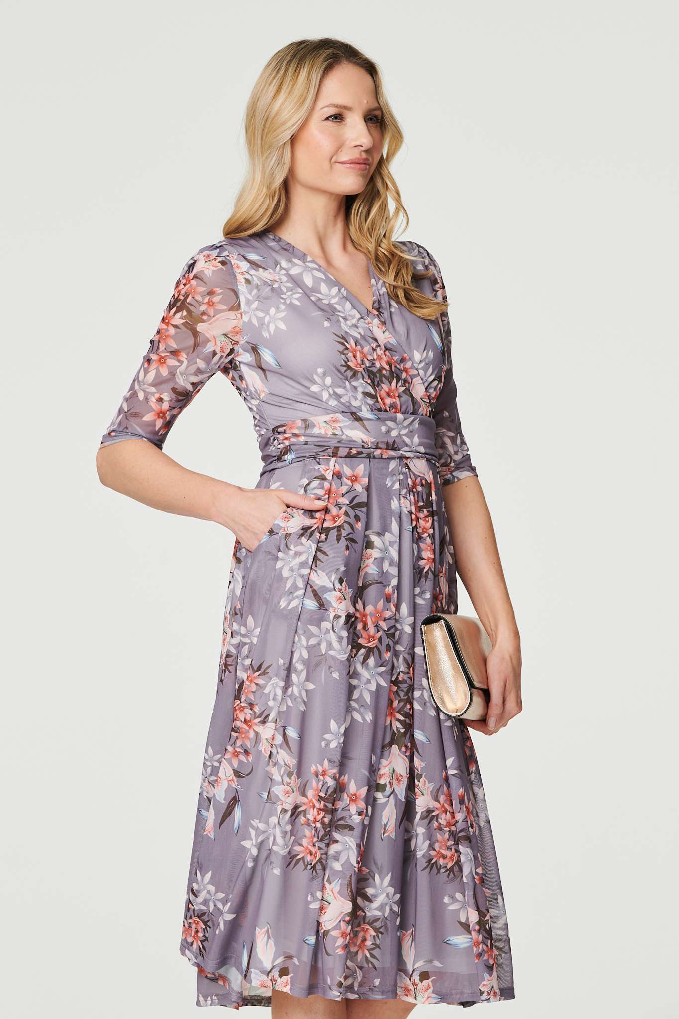 Grey | Floral Layered V-Neck Midi Dress