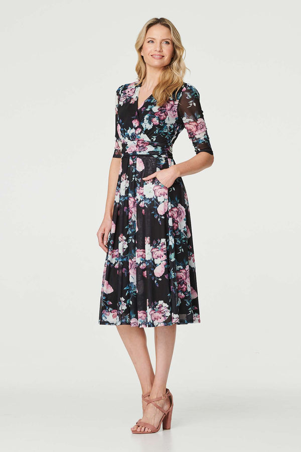 Black | Floral Ruched Midi Tea Dress