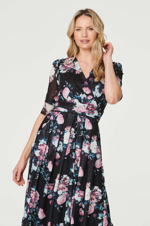 Black | Floral Ruched Midi Tea Dress