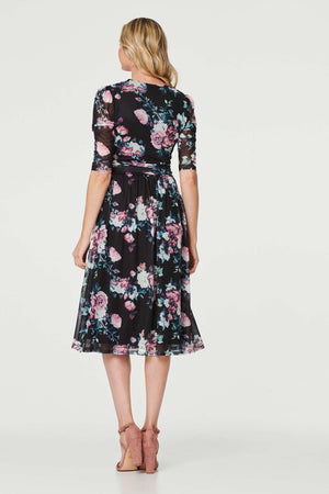 Black | Floral Ruched Midi Tea Dress
