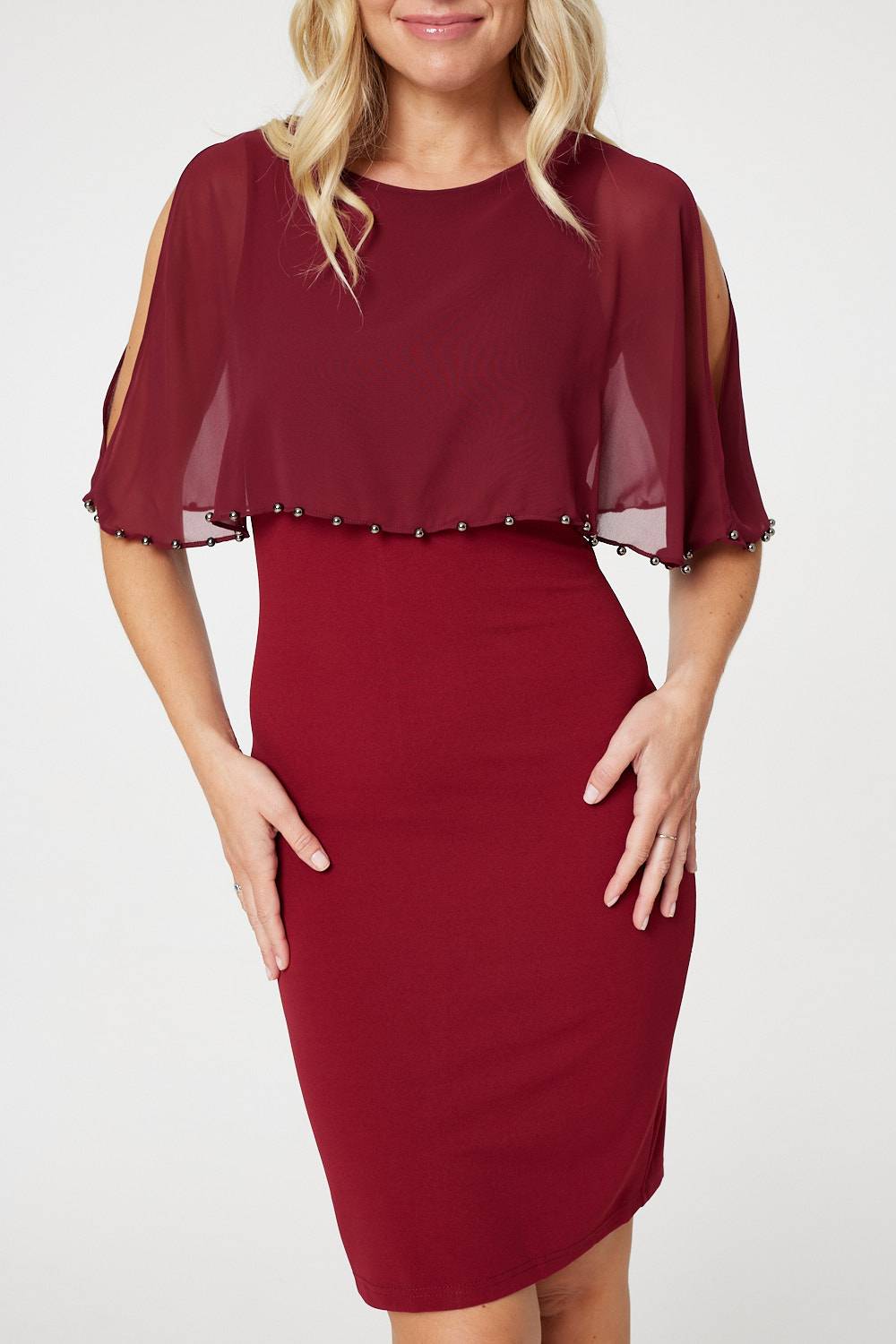 Burgundy | Sheer Overlay Bodycon Dress