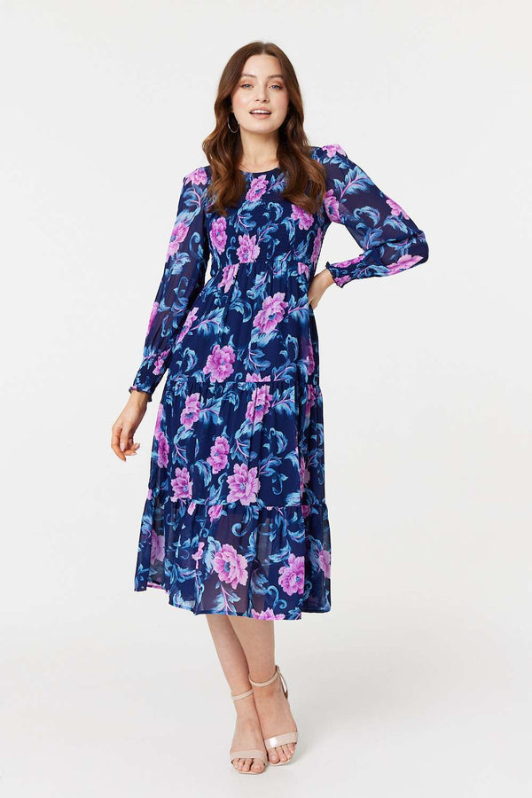 Navy | Floral Semi-Sheer Tiered Midi Dress