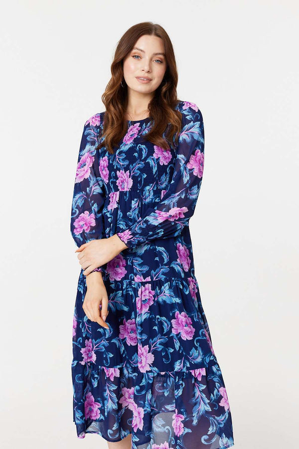 Navy | Floral Semi-Sheer Tiered Midi Dress