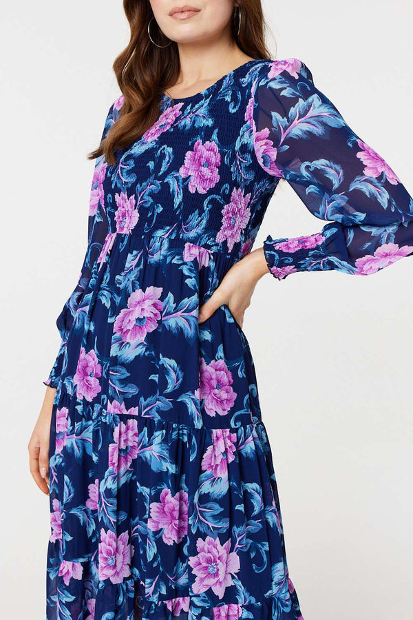 Navy | Floral Semi-Sheer Tiered Midi Dress