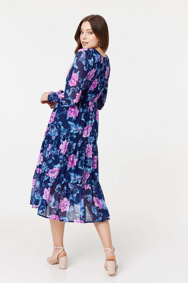 Navy | Floral Semi-Sheer Tiered Midi Dress