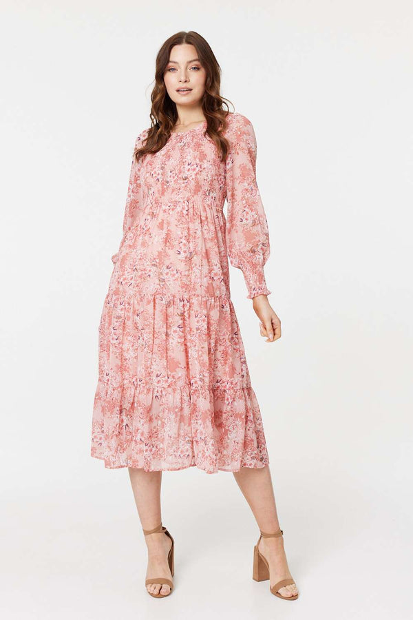 Pink | Floral Print Smocked Midi Dress