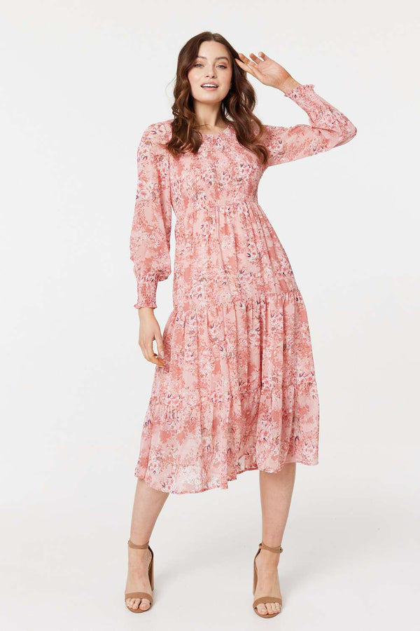 Pink | Floral Print Smocked Midi Dress