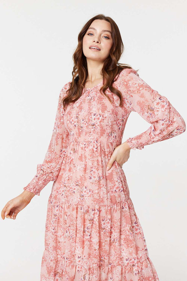 Pink | Floral Print Smocked Midi Dress