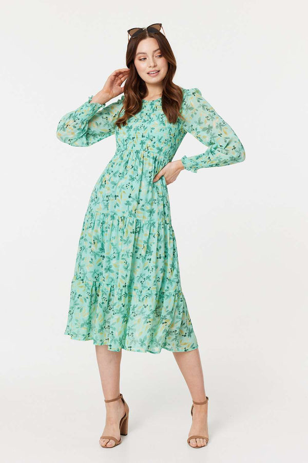 Blue | Floral Long Sleeve Midi Smock Dress