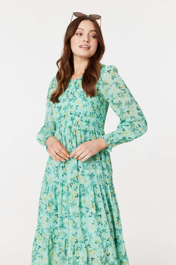 Blue | Floral Long Sleeve Midi Smock Dress