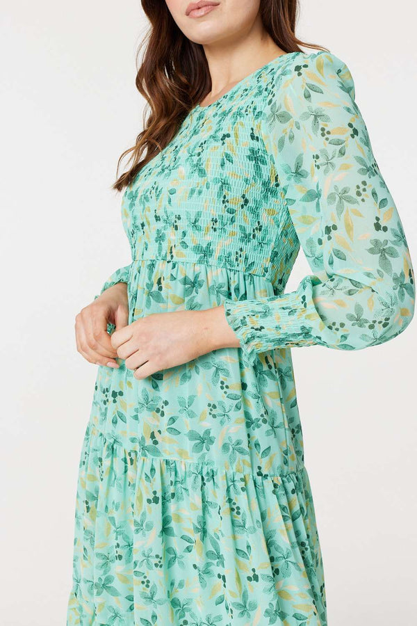 Blue | Floral Long Sleeve Midi Smock DressBlue | Floral Long Sleeve Midi Smock Dress