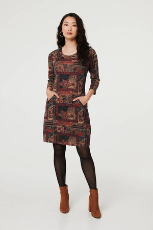 Black | Patchwork Print 3/4 Sleeve Short Dress
