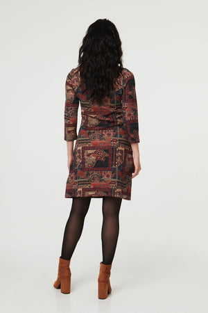 Black | Patchwork Print 3/4 Sleeve Short Dress
