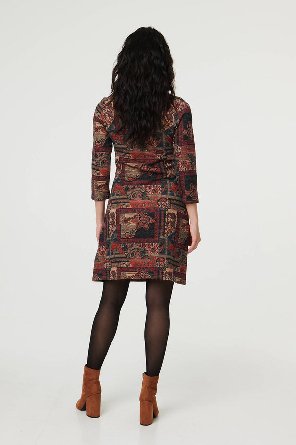 Black | Patchwork Print 3/4 Sleeve Short Dress
